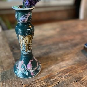 Stunning Green Candlestick w/ Lion & Exotic Birds